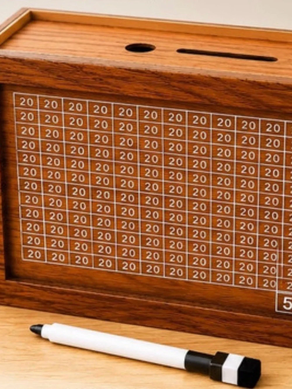 Wood Finish Scoreboard Savings Box with White Marker - Brown